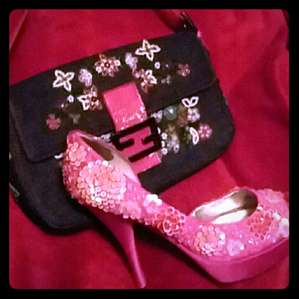 Cute Beaded handbag and beaded pink heels